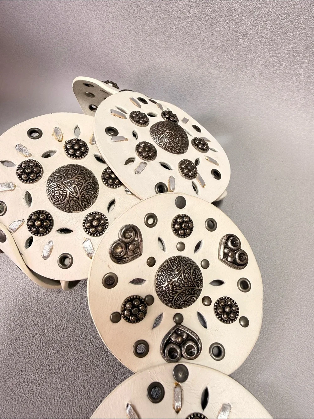 Vintage White Leather Wide Decorative Disc Belt with Silver Accents